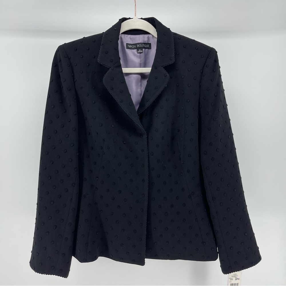 Nipon Boutique Black Snap Button Blazer, Flocked Dot Detailing, NWT, Women’s 10